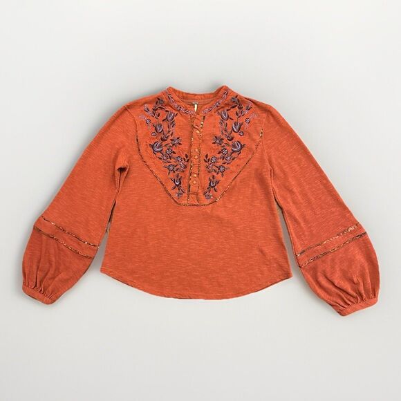 Free People Tops - Free People Sundance Kid Western Henley Top Floral Embroidered Small Pearl Snap